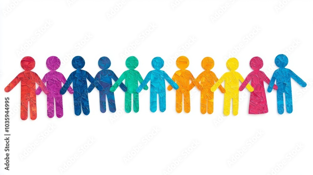 Colorful paper dolls linked together symbolize unity and diversity in community and friendship. Colorful paper dolls linked together symbolize unity and diversity in community and friendship.