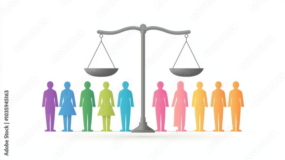 A colorful illustration of equality with gender-diverse figures and scales representing justice and balance in society. A colorful illustration of equality with gender-diverse figures and scales representing justice and balance in society.