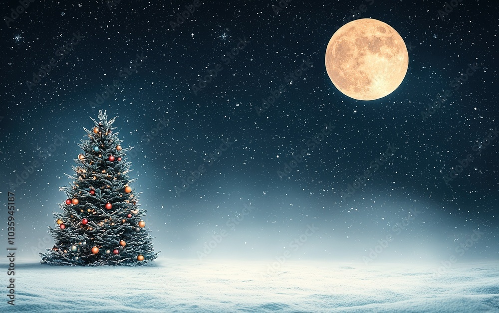 Obraz premium A snowy landscape adorned with a decorated Christmas tree under a bright full moon at night