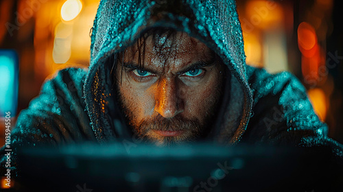 A hiding professional hacker with a hoodie not showing his face hacking illegally. Generative AI