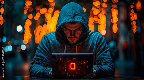 A hiding professional hacker with a hoodie not showing his face hacking illegally. Generative AI