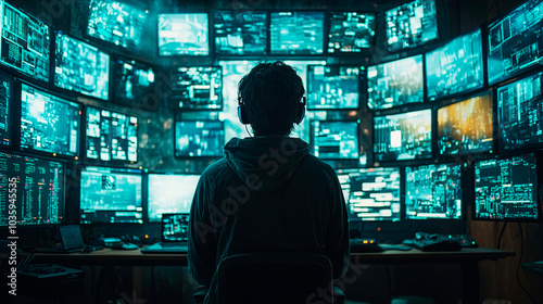 Dark place with multiple displays captures close-up of working hacker orchestrating advanced virus attack on corporate servers from the back. Generative AI