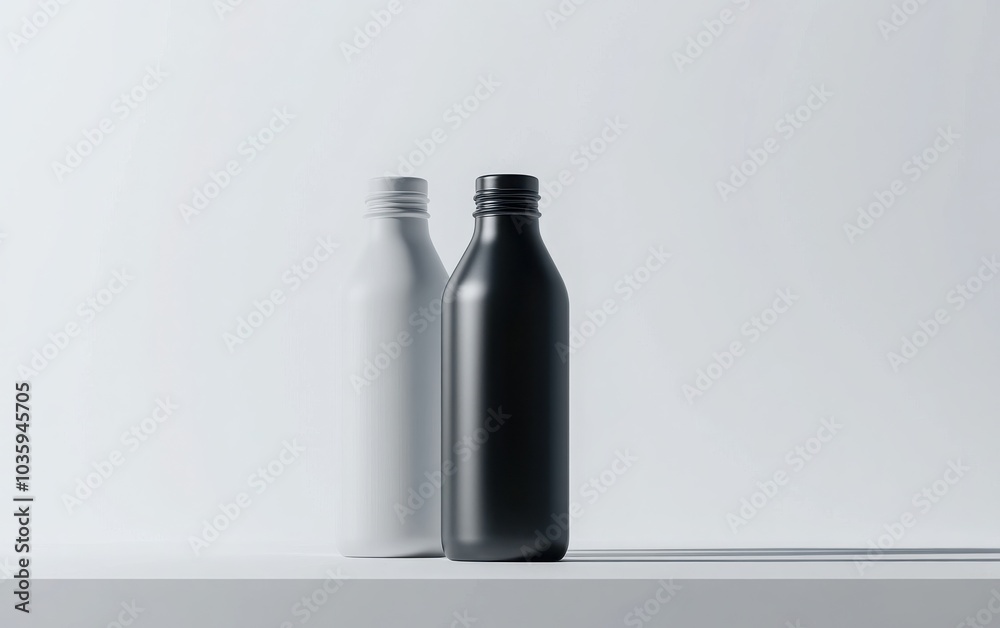 A stylish 3D render of a black, grey, and white aluminum bottle, showcased against a white background A stylish 3D render of a black, grey, and white aluminum bottle, showcased against a white background