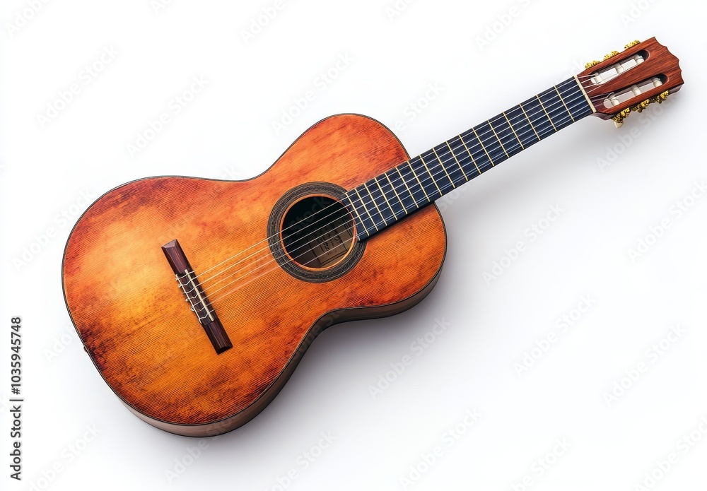 Fototapeta premium A classic acoustic guitar with six strings, wooden body and a sound hole, isolated on a white background.