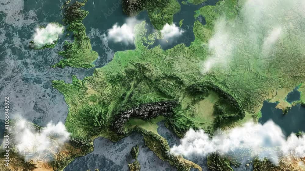 A physical map of Europe with relief appears from behind the clouds ...