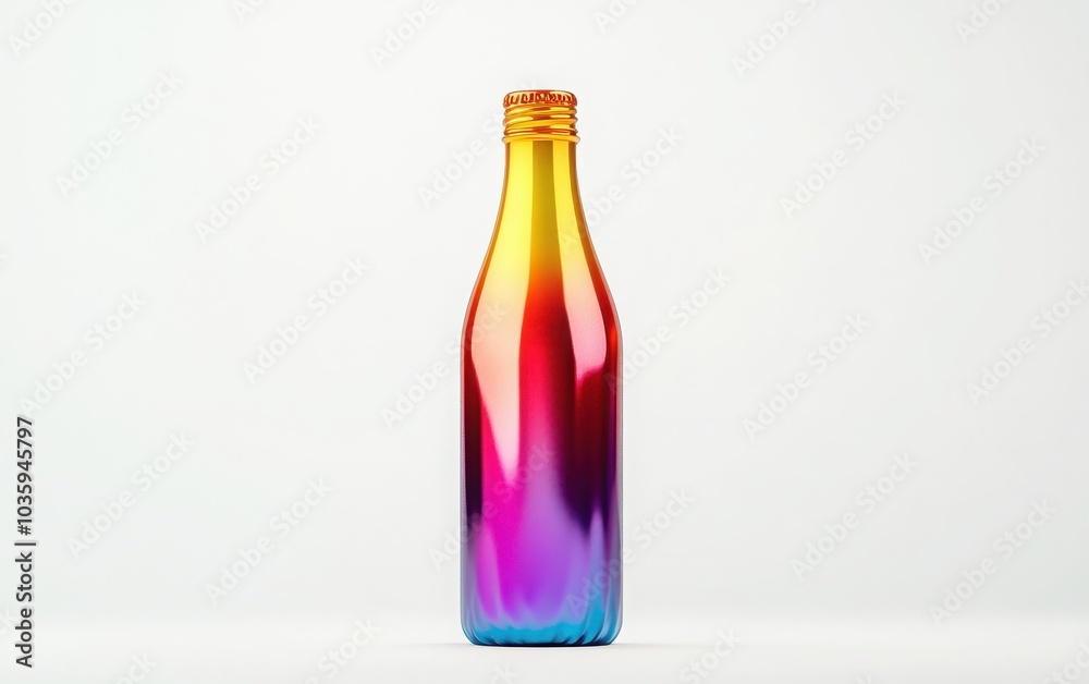 A vibrant 3D rendering of an aluminum bottle featuring a variety of colors, isolated against a clean white background A vibrant 3D rendering of an aluminum bottle featuring a variety of colors, isolated against a clean white background