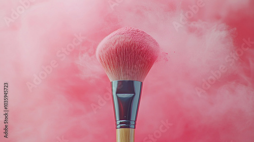 A makeup brush with pink powder floating in the air, wooden handle visible.