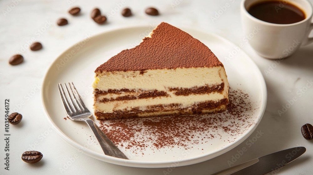 A decadent slice of tiramisu cheesecake with layers of mascarpone cheese, coffee-soaked ladyfingers, and cocoa powder A decadent slice of tiramisu cheesecake with layers of mascarpone cheese, coffee-soaked ladyfingers, and cocoa powder