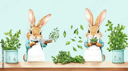 Two charming rabbits prepare herbs in a whimsical kitchen setting, showcasing a playful and vibrant illustration. photo