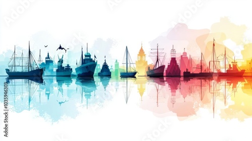 Colorful silhouette of ships reflected on water, creating a serene and artistic maritime scene. Perfect for nautical themes. photo