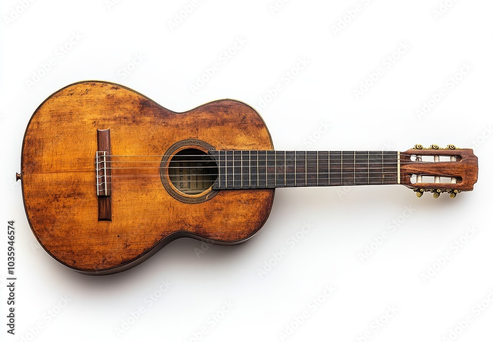 A worn wooden acoustic guitar on a white background. A worn wooden acoustic guitar on a white background.