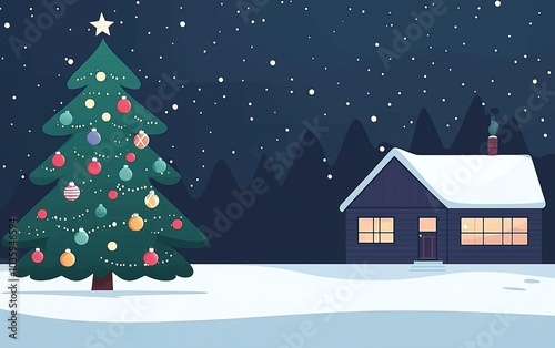 A cozy winter night with a decorated Christmas tree in front of a warm house under a starlit sky