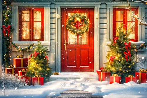 The yard and the red entrance door to the house are decorated with Christmas decorations, a wreath on the door, garlands, banners, a Christmas tree