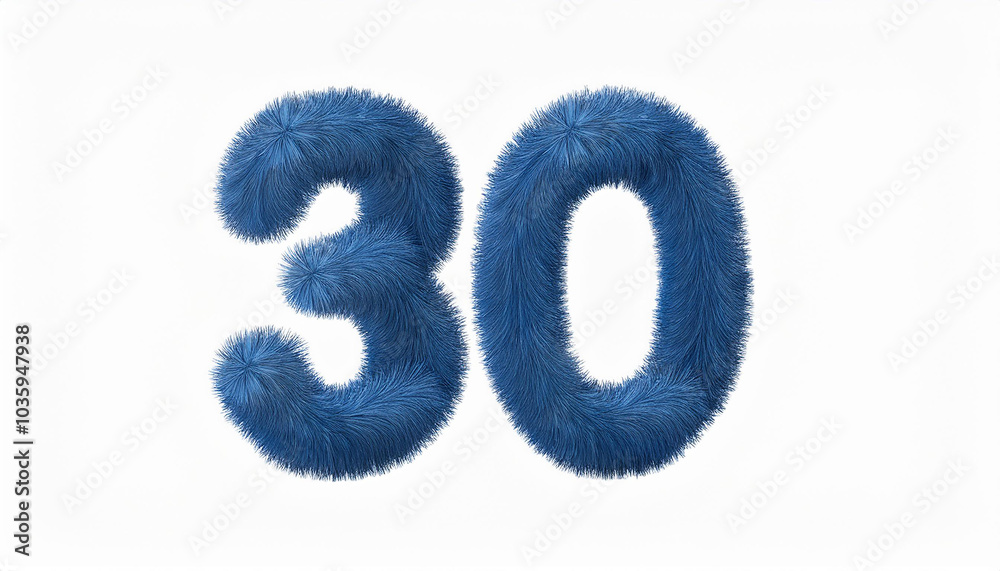 Blue fur number 30 isolated on white. 3D rendering. Fluffy font. Creative typographic element. Blue fur number 30 isolated on white. 3D rendering. Fluffy font. Creative typographic element.