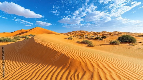 Expansive desert landscape with dunes and clouds.