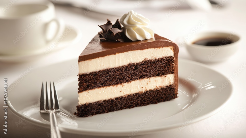 A decadent slice of triple chocolate cake with layers of dark, milk, and white chocolate mousse A decadent slice of triple chocolate cake with layers of dark, milk, and white chocolate mousse