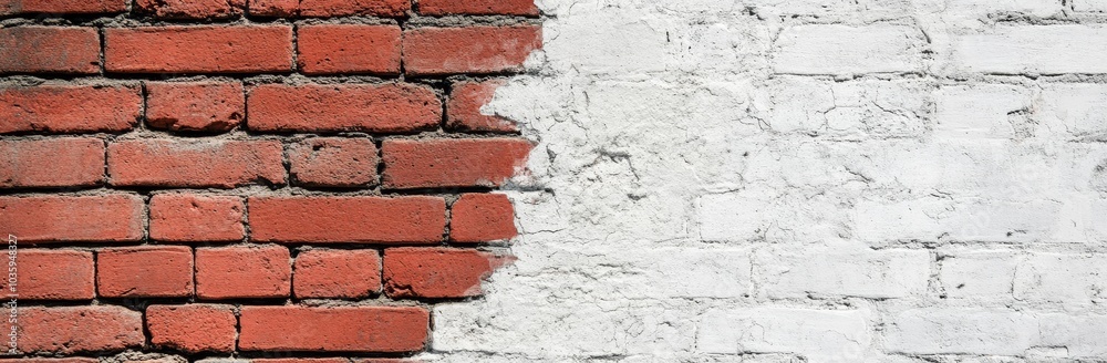 Half of a red brick wall is painted white. Half of a red brick wall is painted white.