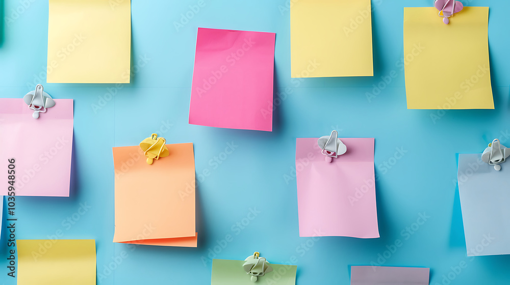 Colorful sticky notes with clips on a blue background. Colorful sticky notes with clips on a blue background.