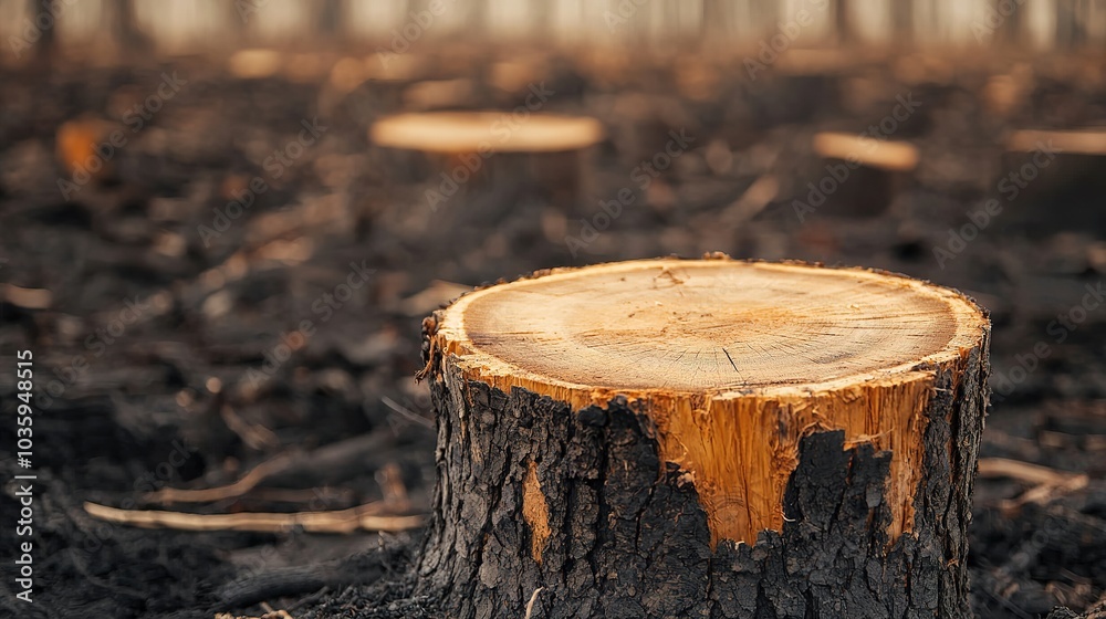 A close-up of a tree stump in a deforested area, surrounded by charred earth and other tree stumps, highlighting the aftermath of logging or forest clearance. A close-up of a tree stump in a deforested area, surrounded by charred earth and other tree stumps, highlighting the aftermath of logging or forest clearance.