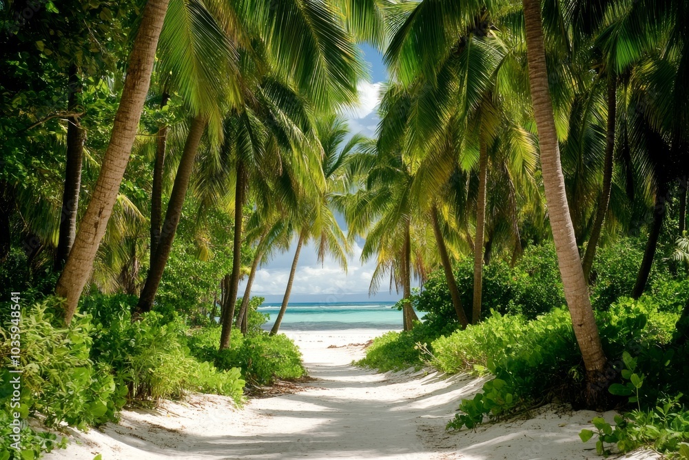 Beautiful tropical beach with palm trees and white sand. View from the path leading through the jungle. Beautiful tropical beach with palm trees and white sand. View from the path leading through the jungle.