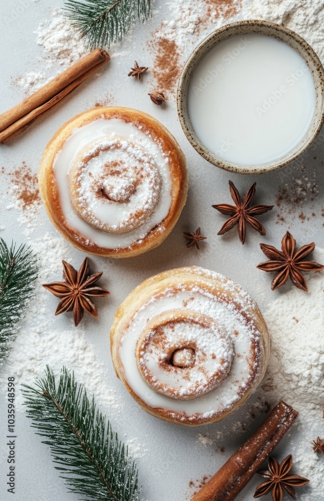Two cinnamon rolls, white drizzle, milk, star anise Two cinnamon rolls, white drizzle, milk, star anise