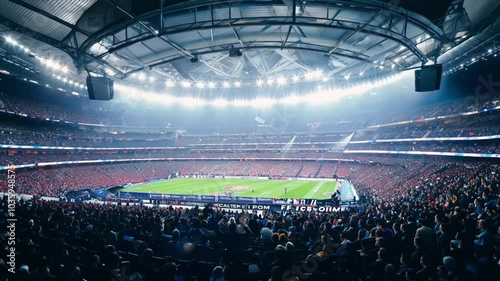 A packed football stadium under bright lights as fans cheer during an exciting match. The crowd is buzzing with energy, perfect for sports and event themes.