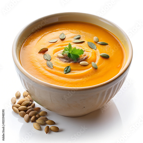 A creamy bowl of pumpkin soup topped with seeds and fresh parsley, creating a warm, comforting dish perfect for autumn or winter meals. photo