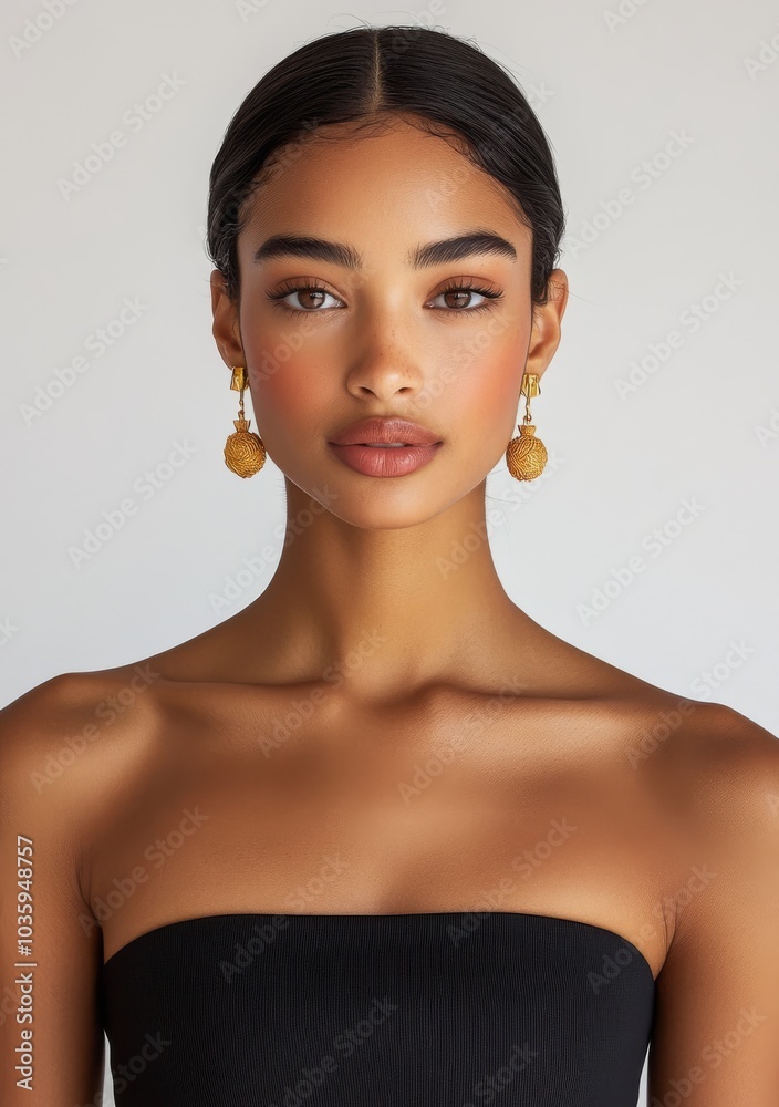 Elegant woman with gold earrings and necklace, wearing a black strapless dress. Elegant woman with gold earrings and necklace, wearing a black strapless dress.