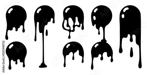 Set of slime bubbles dripping. Hand drawn flowing oil elements. Cartoon streaming liquid. Vector black round backgrounds. Graffiti style blob ink. Melt fluid drops.
