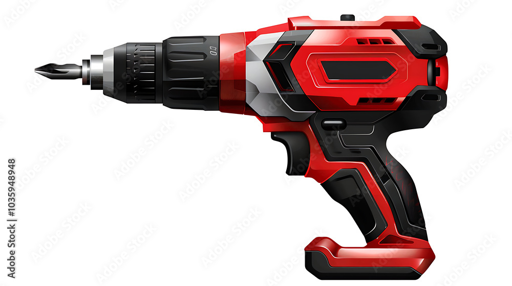 A modern, red and black cordless drill isolated on a white background. A modern, red and black cordless drill isolated on a white background.