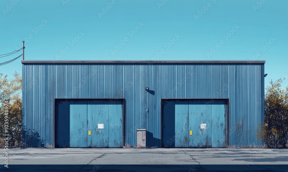 Blue metal warehouse with several doors and a blue roof. Blue metal warehouse with several doors and a blue roof.