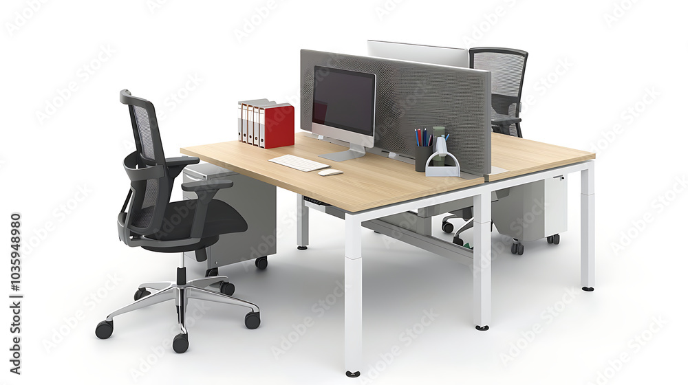 A modern office workspace with two desks and chairs, separated by a divider. A modern office workspace with two desks and chairs, separated by a divider.