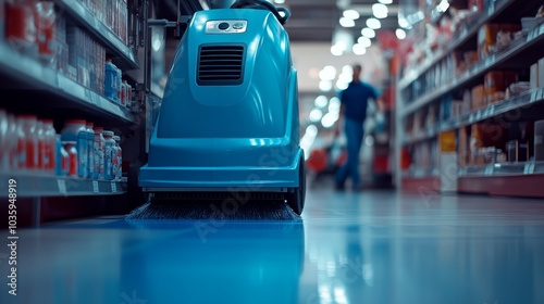 A blue floor cleaning machine in the mall.