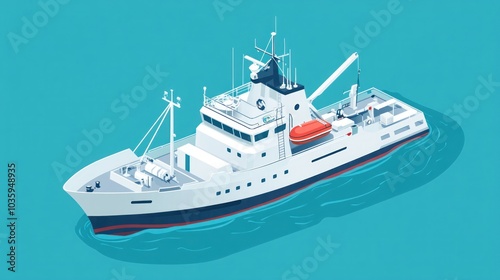 A white fishing boat on a blue background in an isometric perspective.