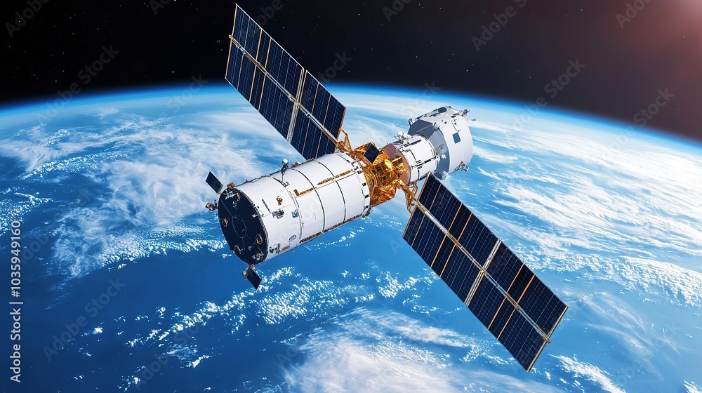 Fototapeta premium A satellite orbits Earth, showcasing solar panels against a backdrop of blue oceans and clouds.