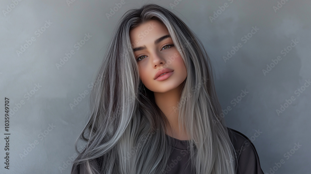 A girl with grey tall, long shiny hair isolated against grey background. A girl with grey tall, long shiny hair isolated against grey background.
