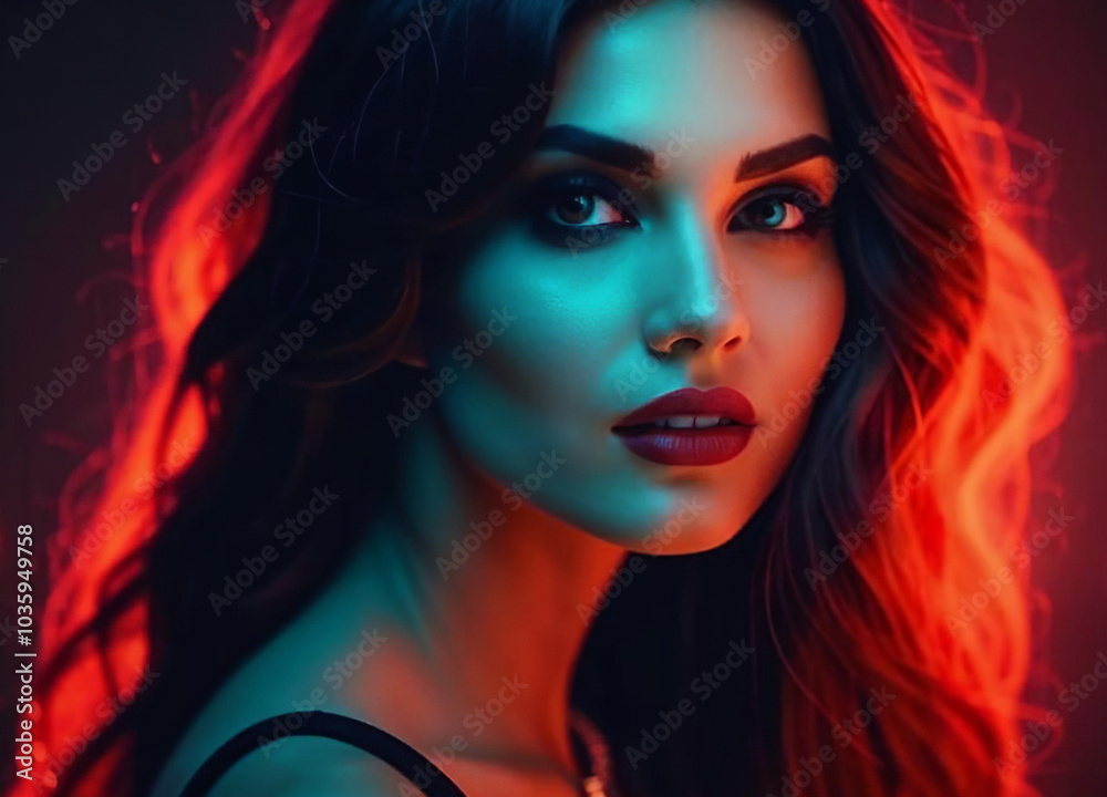 Obraz premium A woman with wavy hair, illuminated by vibrant neon red and blue lights, gazes intensely, her bold beauty enhanced by the dramatic lighting