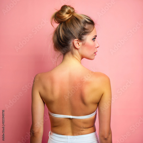 A woman with her hair in a bun shows visible sunburn on her back while wearing a bikini top, against a pink background, highlighting the effects of sun exposure. photo