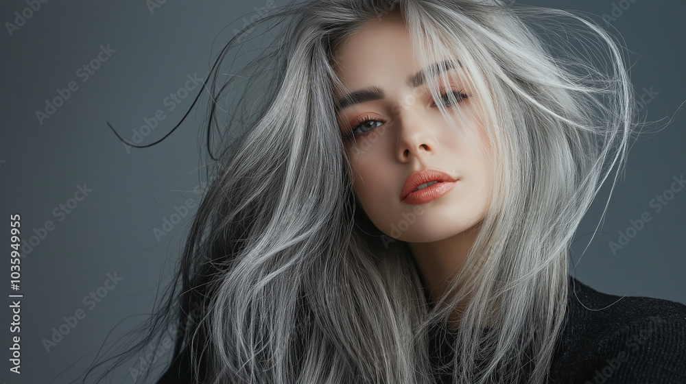 Obraz premium portrait of a girl with white tall straight long shiny hair against grey background.