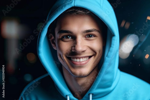 A young man with a bright smile wearing a blue hoodie, illuminated by cool, soft lighting, creating a vibrant and positive atmosphere photo