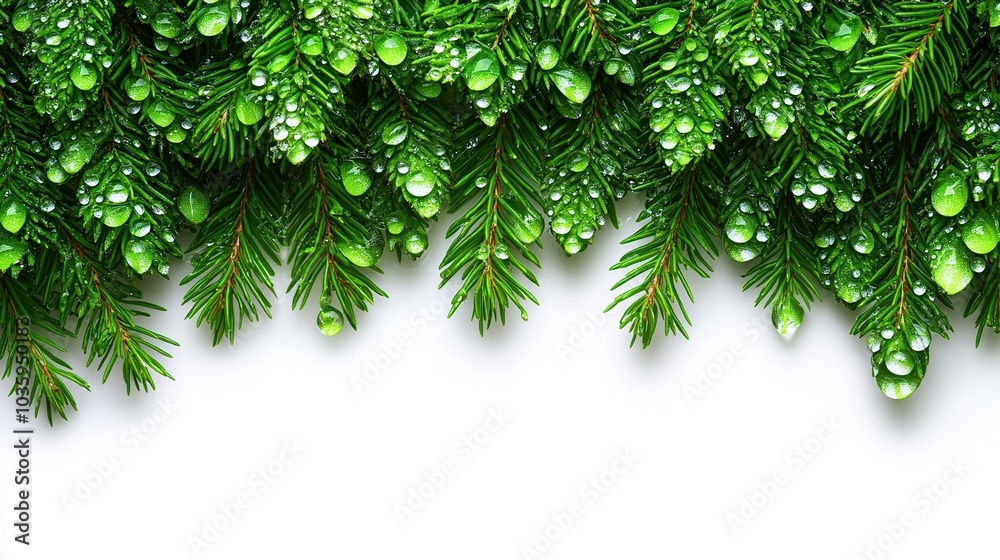 Fresh green pine branches with water droplets. Fresh green pine branches with water droplets.