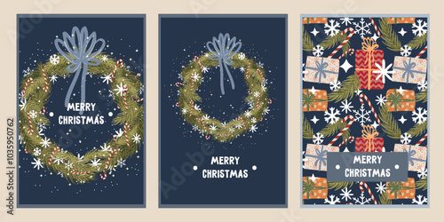 set of christmas and new year greeting card with cookies, gifts, fir