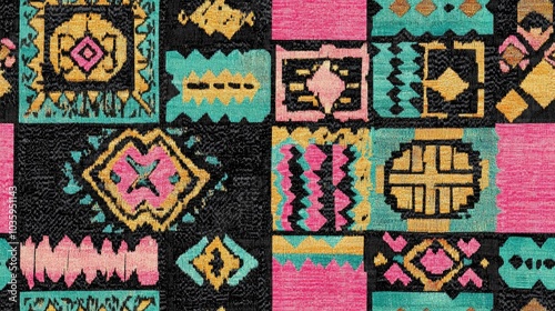 Ethnic embroidery featuring a seamless Aztec pattern Traditional texture with a tribal print Fabric design showcasing Mexican and Indian motifs Folk patchwork in black cyan pink green and gold