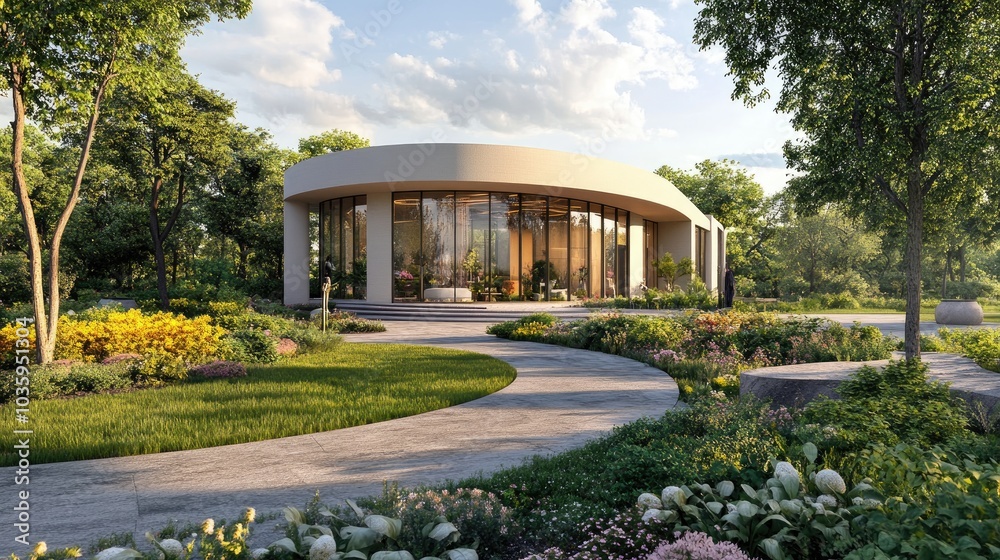 Obraz premium 3D rendering of a contemporary round office building featuring a garden
