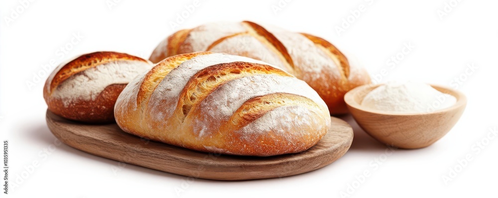 Fresh baked bread, food element, hyper-realistic rendering, warm tones, isolated on white background Fresh baked bread, food element, hyper-realistic rendering, warm tones, isolated on white background