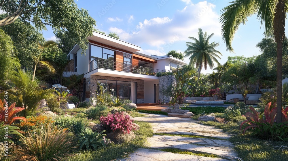 Contemporary standalone home with garden 3D Rendering Contemporary standalone home with garden 3D Rendering