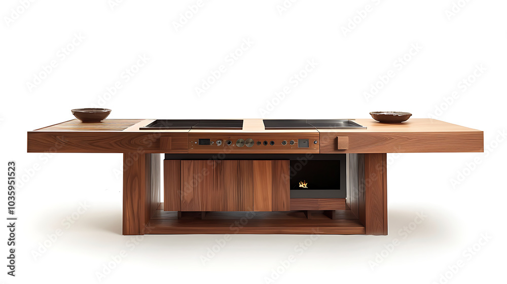 Modern kitchen island with built-in appliances and wood finish. Modern kitchen island with built-in appliances and wood finish.