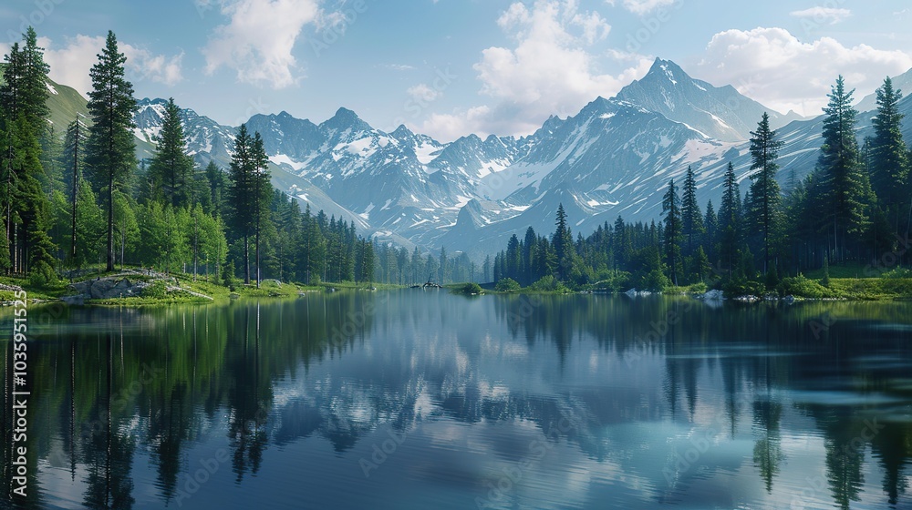 A serene lake surrounded by dense pine forests, with the reflection of the mountains on the water A serene lake surrounded by dense pine forests, with the reflection of the mountains on the water