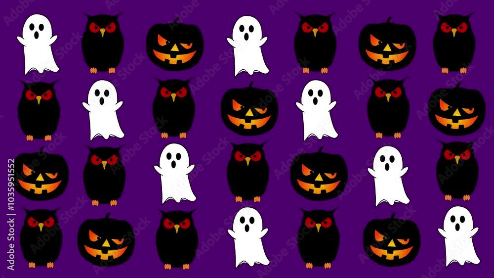 Ghost, Owl, and Jack on Purple Animated Wallpaper 4K Loop features animated Ghosts, Jack O Lanterns, and Owls on a field of solid purple in a loop. Ghost, Owl, and Jack on Purple Animated Wallpaper 4K Loop features animated Ghosts, Jack O Lanterns, and Owls on a field of solid purple in a loop.