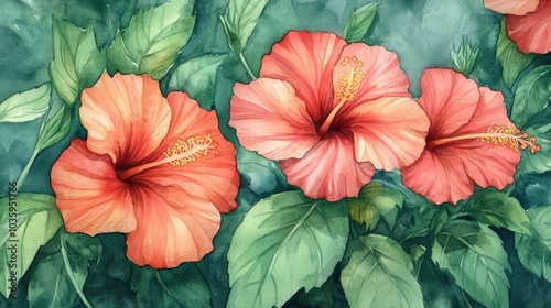 Wallpaper Mural Hand painted watercolor illustration of hibiscus flowers in a tropical botanical style Torontodigital.ca